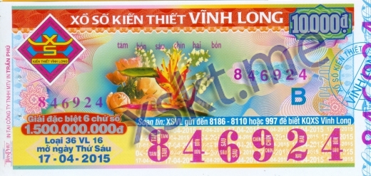 Mẫu vé sô xổ số Vĩnh Long ngày 17/4/2015