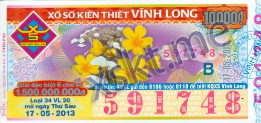 Mẫu vé sô xổ số Vĩnh Long ngày 17/5/2013