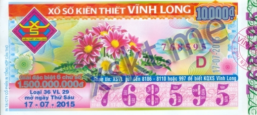 Mẫu vé sô xổ số Vĩnh Long ngày 17/7/2015