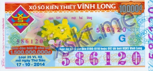 Mẫu vé sô xổ số Vĩnh Long ngày 17/10/2014