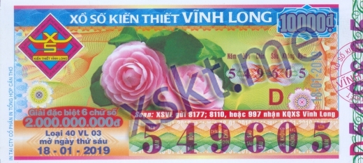 Mẫu vé sô xổ số Vĩnh Long ngày 18/1/2019