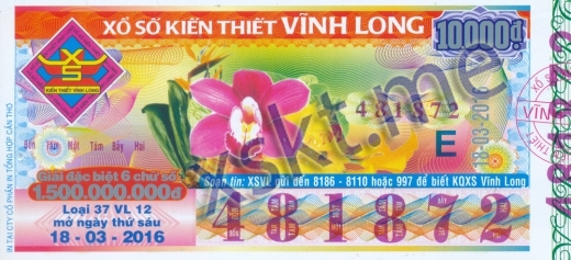 Mẫu vé sô xổ số Vĩnh Long ngày 18/3/2016