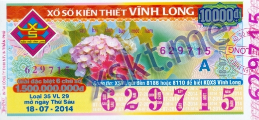 Mẫu vé sô xổ số Vĩnh Long ngày 18/7/2014