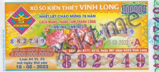 Mẫu vé sô xổ số Vĩnh Long ngày 18/8/2023