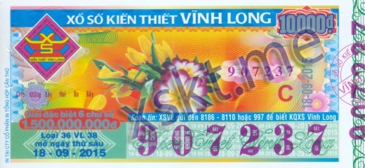 Mẫu vé sô xổ số Vĩnh Long ngày 18/9/2015