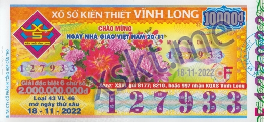 Mẫu vé sô xổ số Vĩnh Long ngày 18/11/2022