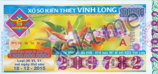 Mẫu vé sô xổ số Vĩnh Long ngày 18/12/2015