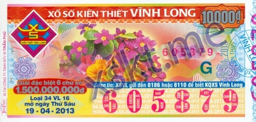 Mẫu vé sô xổ số Vĩnh Long ngày 19/4/2013
