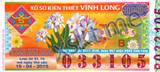 Mẫu vé sô xổ số Vĩnh Long ngày 19/4/2019