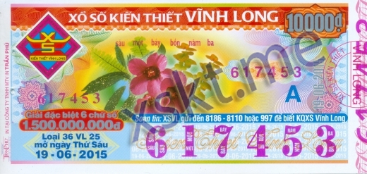 Mẫu vé sô xổ số Vĩnh Long ngày 19/6/2015