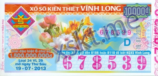 Mẫu vé sô xổ số Vĩnh Long ngày 19/7/2013