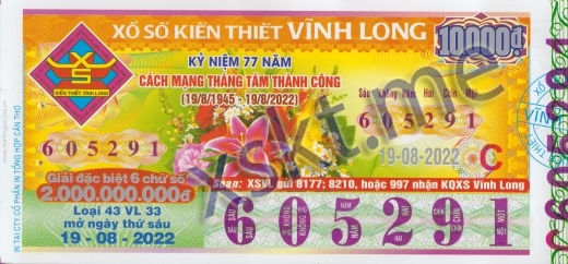 Mẫu vé sô xổ số Vĩnh Long ngày 19/8/2022