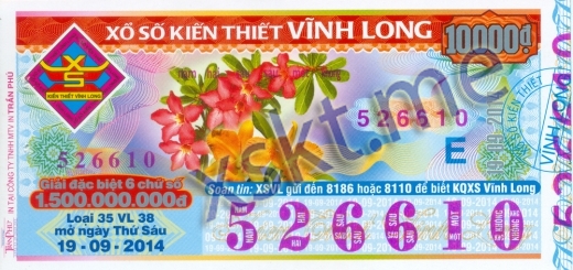 Mẫu vé sô xổ số Vĩnh Long ngày 19/9/2014