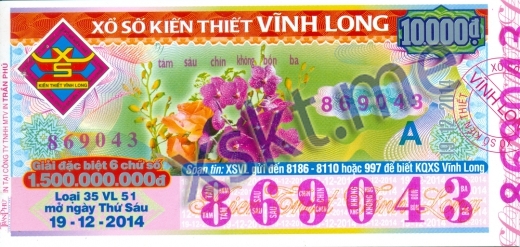 Mẫu vé sô xổ số Vĩnh Long ngày 19/12/2014