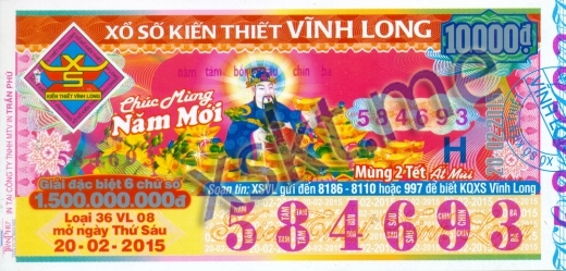 Mẫu vé sô xổ số Vĩnh Long ngày 20/2/2015