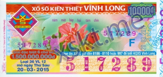 Mẫu vé sô xổ số Vĩnh Long ngày 20/3/2015