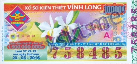 Mẫu vé sô xổ số Vĩnh Long ngày 20/5/2016