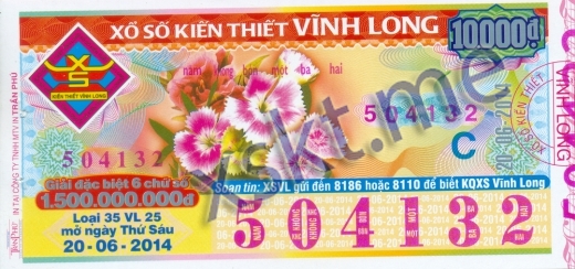 Mẫu vé sô xổ số Vĩnh Long ngày 20/6/2014