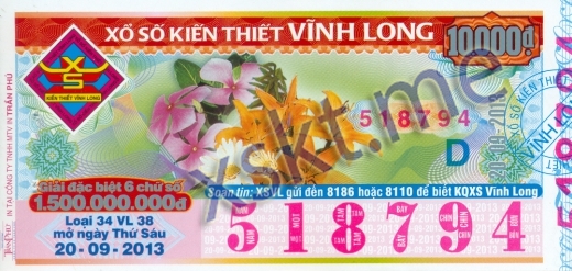 Mẫu vé sô xổ số Vĩnh Long ngày 20/9/2013