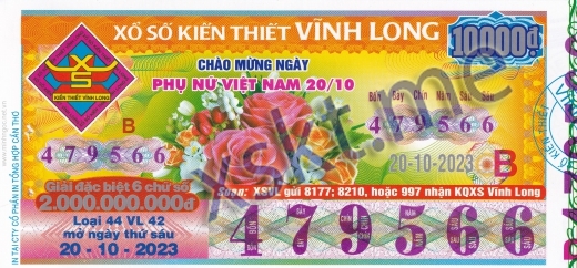 Mẫu vé sô xổ số Vĩnh Long ngày 20/10/2023