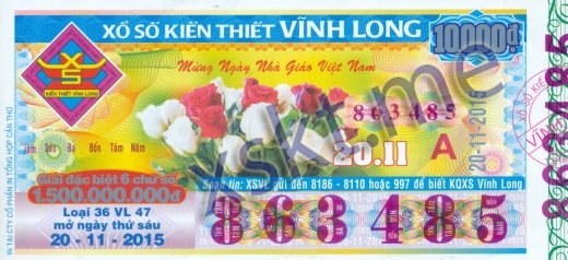 Mẫu vé sô xổ số Vĩnh Long ngày 20/11/2015