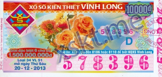 Mẫu vé sô xổ số Vĩnh Long ngày 20/12/2013