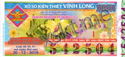 Mẫu vé sô xổ số Vĩnh Long ngày 20/12/2019