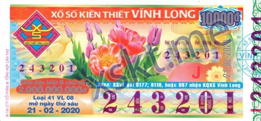Mẫu vé sô xổ số Vĩnh Long ngày 21/2/2020
