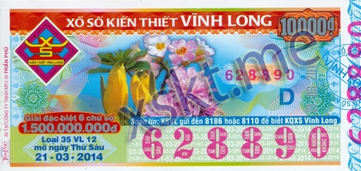 Mẫu vé sô xổ số Vĩnh Long ngày 21/3/2014