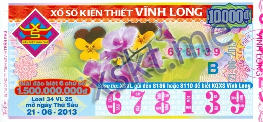 Mẫu vé sô xổ số Vĩnh Long ngày 21/6/2013