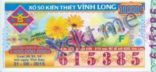 Mẫu vé sô xổ số Vĩnh Long ngày 21/8/2015