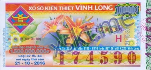 Mẫu vé sô xổ số Vĩnh Long ngày 21/10/2016