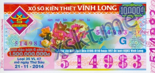 Mẫu vé sô xổ số Vĩnh Long ngày 21/11/2014