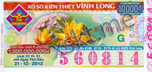 Mẫu vé sô xổ số Vĩnh Long ngày 21/12/2012