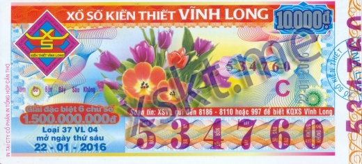 Mẫu vé sô xổ số Vĩnh Long ngày 22/1/2016