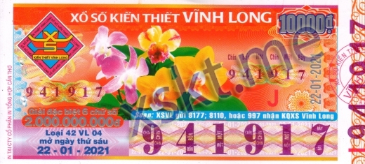 Mẫu vé sô xổ số Vĩnh Long ngày 22/1/2021