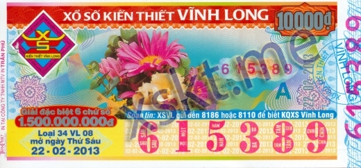 Mẫu vé sô xổ số Vĩnh Long ngày 22/2/2013