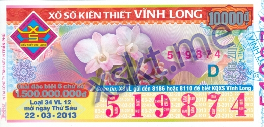 Mẫu vé sô xổ số Vĩnh Long ngày 22/3/2013