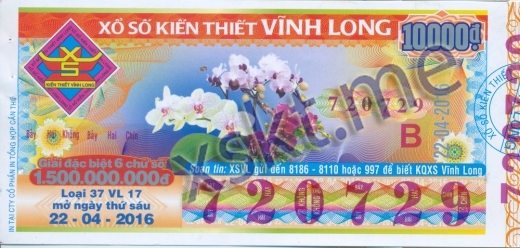 Mẫu vé sô xổ số Vĩnh Long ngày 22/4/2016