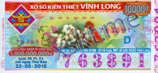 Mẫu vé sô xổ số Vĩnh Long ngày 22/5/2015