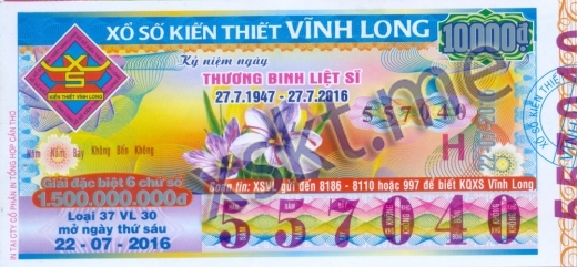 Mẫu vé sô xổ số Vĩnh Long ngày 22/7/2016
