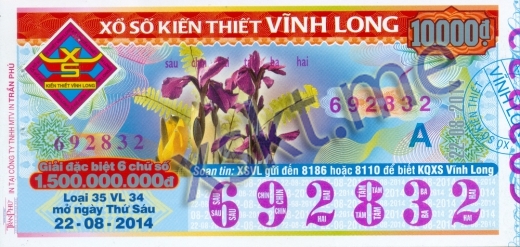 Mẫu vé sô xổ số Vĩnh Long ngày 22/8/2014