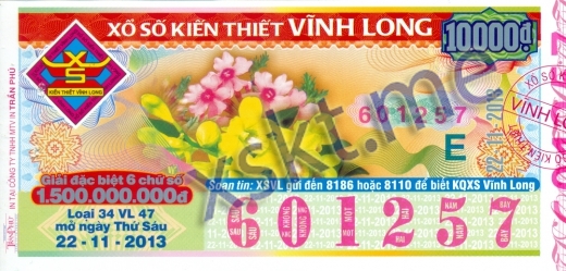 Mẫu vé sô xổ số Vĩnh Long ngày 22/11/2013