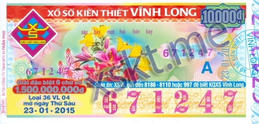 Mẫu vé sô xổ số Vĩnh Long ngày 23/1/2015