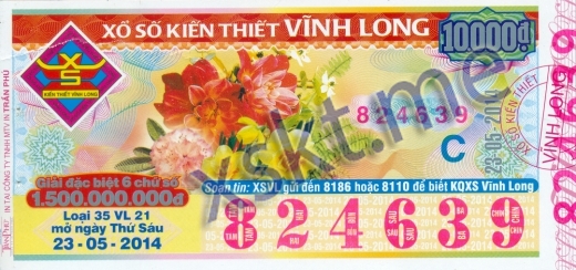 Mẫu vé sô xổ số Vĩnh Long ngày 23/5/2014