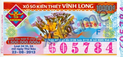 Mẫu vé sô xổ số Vĩnh Long ngày 23/8/2013