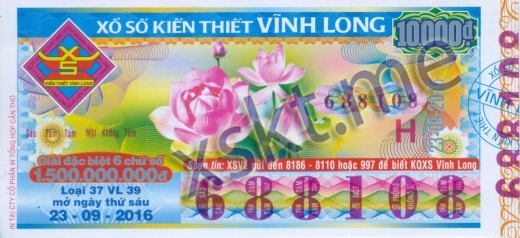 Mẫu vé sô xổ số Vĩnh Long ngày 23/9/2016