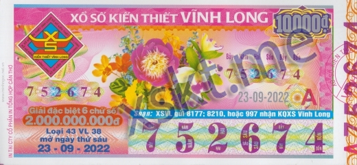 Mẫu vé sô xổ số Vĩnh Long ngày 23/9/2022
