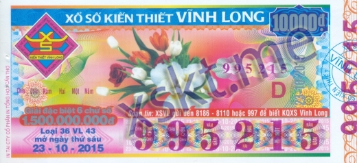 Mẫu vé sô xổ số Vĩnh Long ngày 23/10/2015