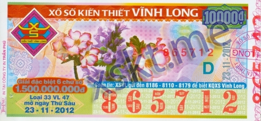 Mẫu vé sô xổ số Vĩnh Long ngày 23/11/2012